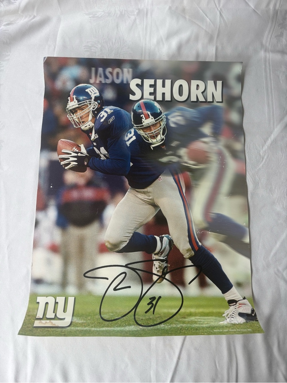 NFL New York Giants Blue White and Red Signed Jason Sehorn Poster